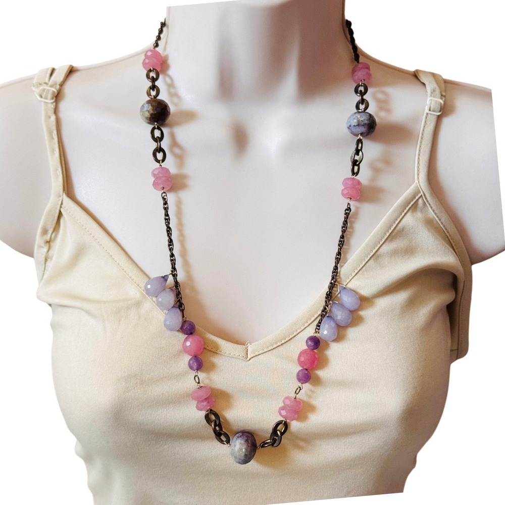 VTG Y2K Pastel Stone Glass Necklace BOHO Artisan Mod Copper Chain Rare OOAK 26" - Picture 2 of 5